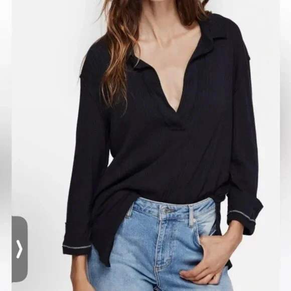 We The Free FP Annie Ribbed Collared Top Pullover Preppy Oversized size S Navy - Picture 1 of 12